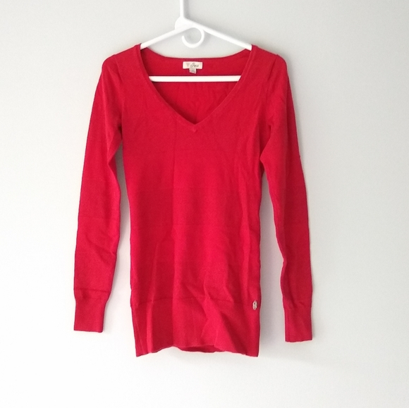 Guess Red Deep V-Neck Sweater, Wide Red Glittery Metallic Stripes, Medium - Picture 9 of 9